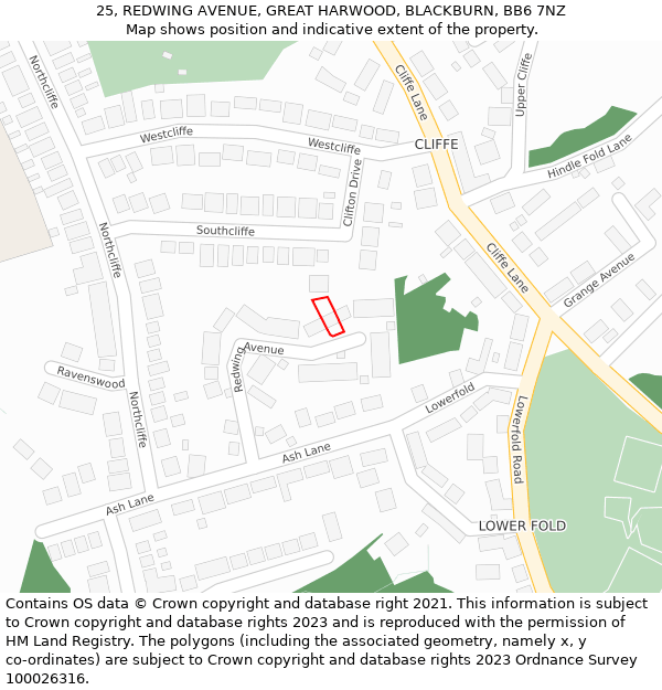 25, REDWING AVENUE, GREAT HARWOOD, BLACKBURN, BB6 7NZ: Location map and indicative extent of plot