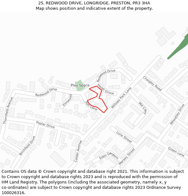 25, REDWOOD DRIVE, LONGRIDGE, PRESTON, PR3 3HA: Location map and indicative extent of plot