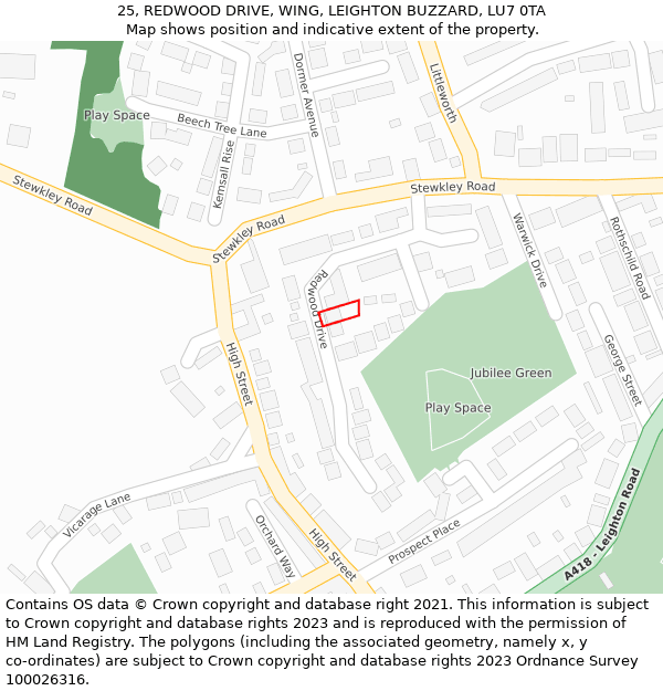 25, REDWOOD DRIVE, WING, LEIGHTON BUZZARD, LU7 0TA: Location map and indicative extent of plot