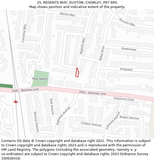 25, REGENTS WAY, EUXTON, CHORLEY, PR7 6PG: Location map and indicative extent of plot