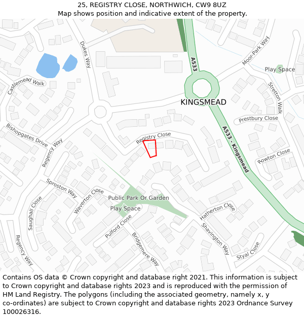 25, REGISTRY CLOSE, NORTHWICH, CW9 8UZ: Location map and indicative extent of plot