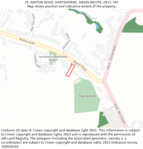 25, REPTON ROAD, HARTSHORNE, SWADLINCOTE, DE11 7AF: Location map and indicative extent of plot
