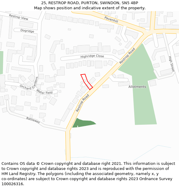 25, RESTROP ROAD, PURTON, SWINDON, SN5 4BP: Location map and indicative extent of plot