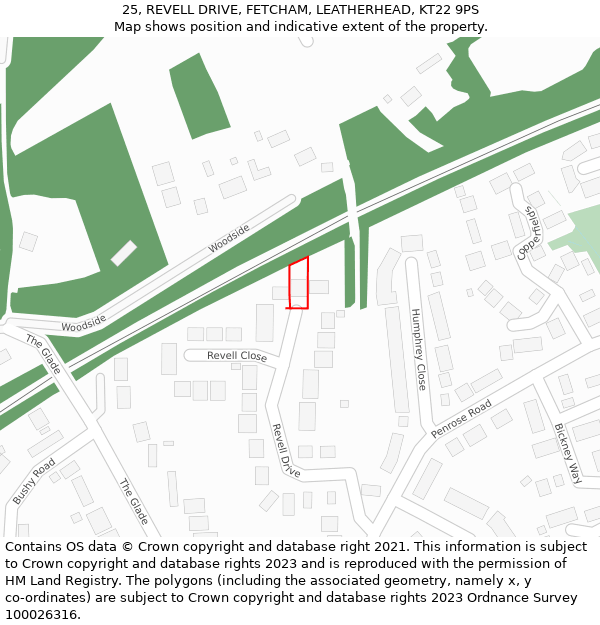 25, REVELL DRIVE, FETCHAM, LEATHERHEAD, KT22 9PS: Location map and indicative extent of plot