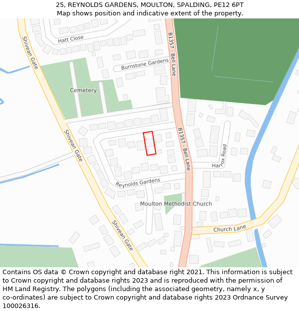 25, REYNOLDS GARDENS, MOULTON, SPALDING, PE12 6PT: Location map and indicative extent of plot