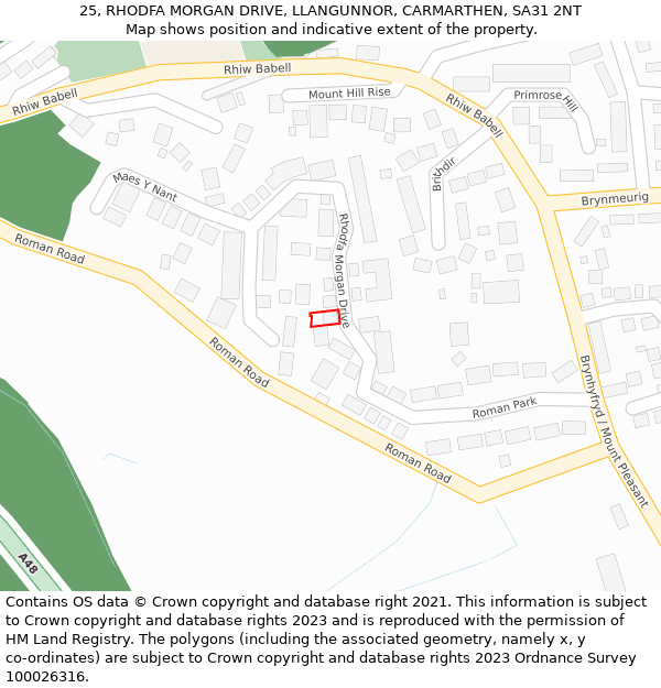 25, RHODFA MORGAN DRIVE, LLANGUNNOR, CARMARTHEN, SA31 2NT: Location map and indicative extent of plot