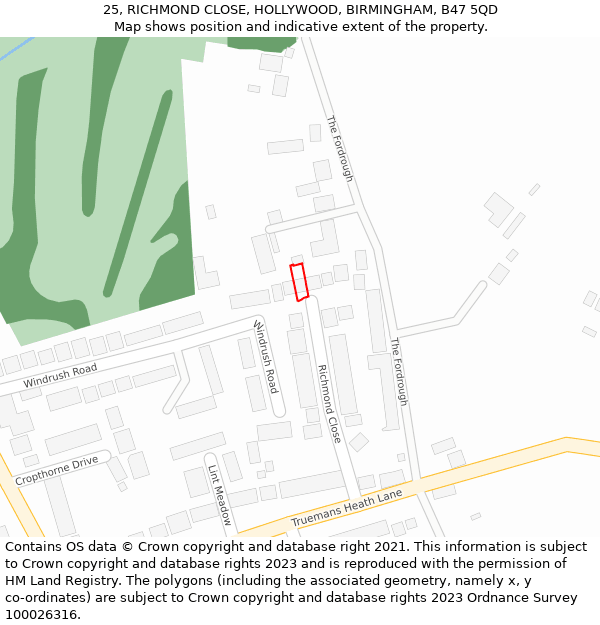 25, RICHMOND CLOSE, HOLLYWOOD, BIRMINGHAM, B47 5QD: Location map and indicative extent of plot
