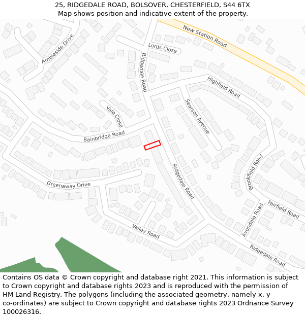 25, RIDGEDALE ROAD, BOLSOVER, CHESTERFIELD, S44 6TX: Location map and indicative extent of plot