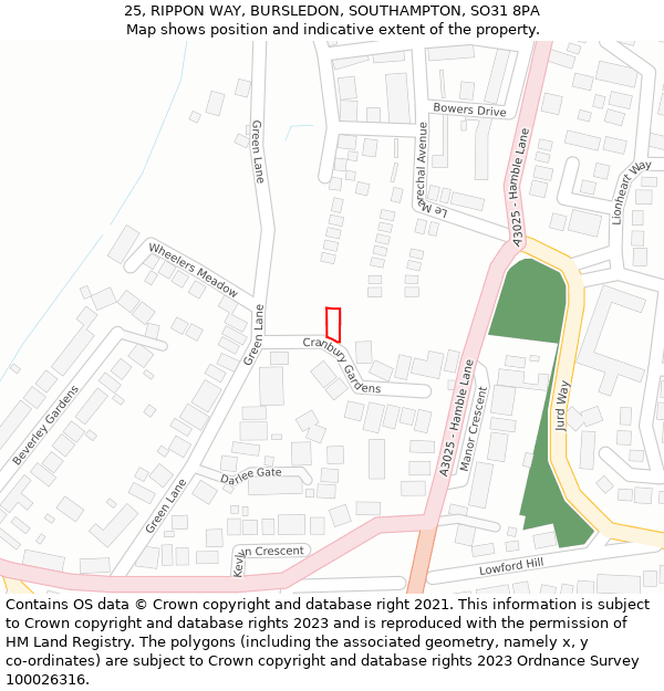 25, RIPPON WAY, BURSLEDON, SOUTHAMPTON, SO31 8PA: Location map and indicative extent of plot