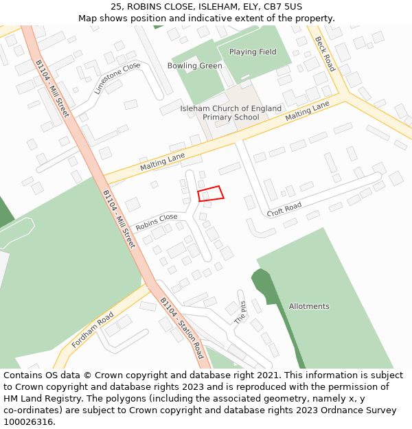 25, ROBINS CLOSE, ISLEHAM, ELY, CB7 5US: Location map and indicative extent of plot