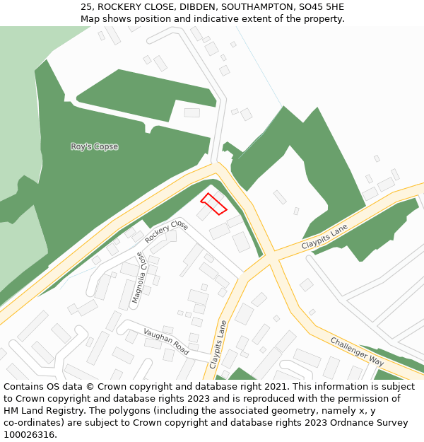 25, ROCKERY CLOSE, DIBDEN, SOUTHAMPTON, SO45 5HE: Location map and indicative extent of plot