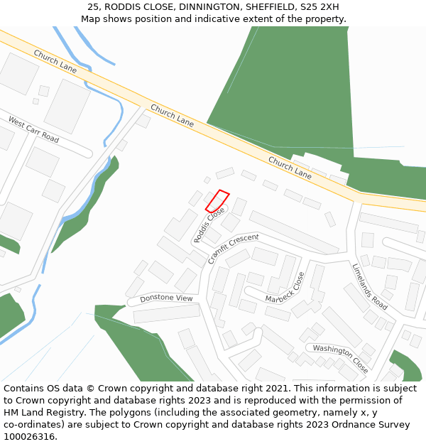 25, RODDIS CLOSE, DINNINGTON, SHEFFIELD, S25 2XH: Location map and indicative extent of plot