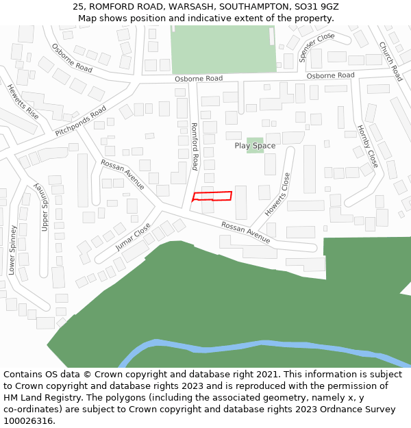 25, ROMFORD ROAD, WARSASH, SOUTHAMPTON, SO31 9GZ: Location map and indicative extent of plot