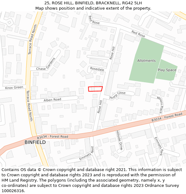 25, ROSE HILL, BINFIELD, BRACKNELL, RG42 5LH: Location map and indicative extent of plot