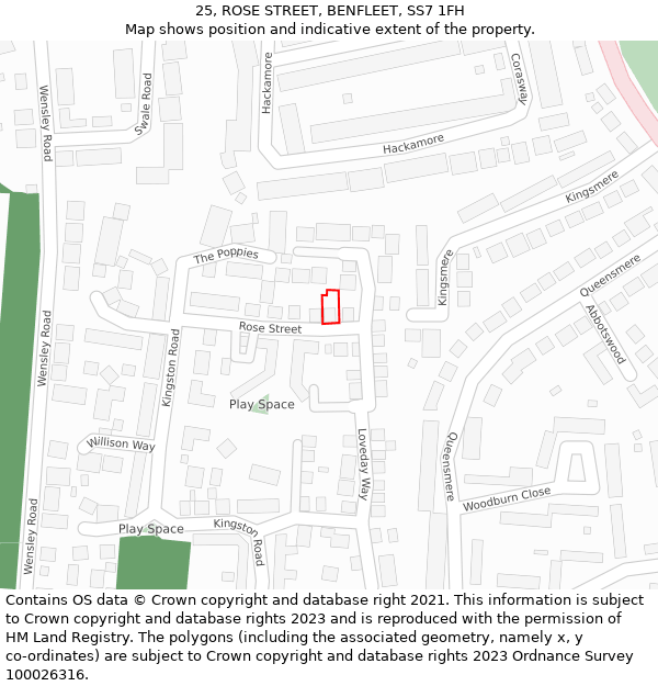 25, ROSE STREET, BENFLEET, SS7 1FH: Location map and indicative extent of plot