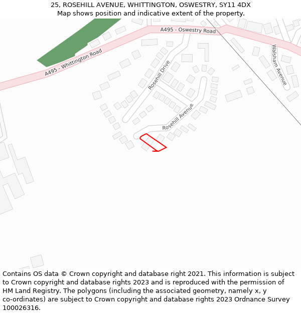 25, ROSEHILL AVENUE, WHITTINGTON, OSWESTRY, SY11 4DX: Location map and indicative extent of plot