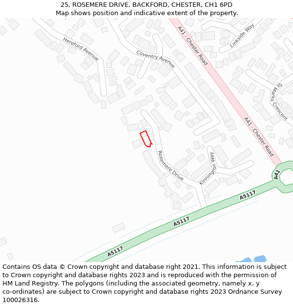 25, ROSEMERE DRIVE, BACKFORD, CHESTER, CH1 6PD: Location map and indicative extent of plot