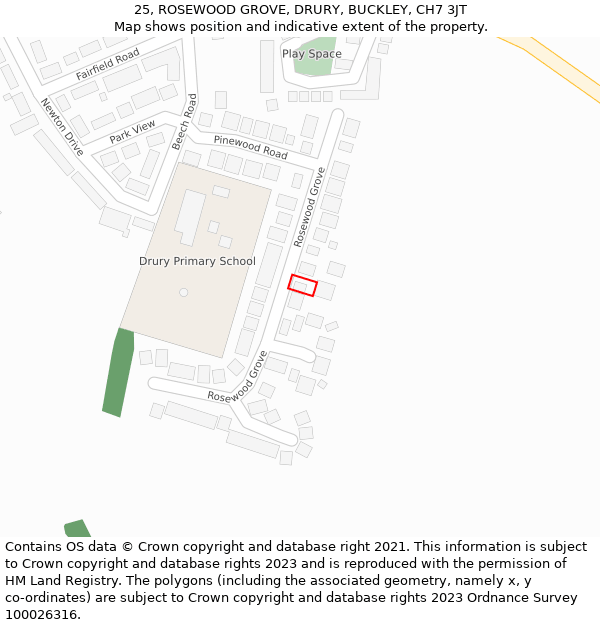 25, ROSEWOOD GROVE, DRURY, BUCKLEY, CH7 3JT: Location map and indicative extent of plot