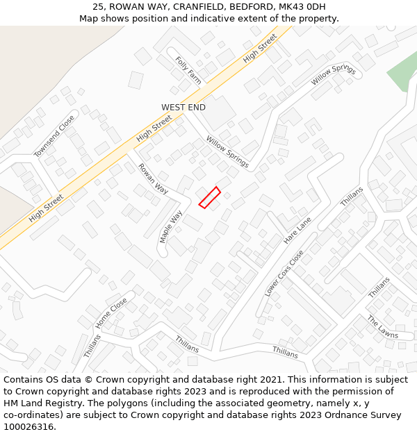 25, ROWAN WAY, CRANFIELD, BEDFORD, MK43 0DH: Location map and indicative extent of plot