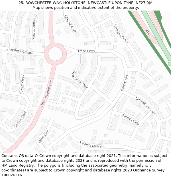 25, ROWCHESTER WAY, HOLYSTONE, NEWCASTLE UPON TYNE, NE27 0JA: Location map and indicative extent of plot