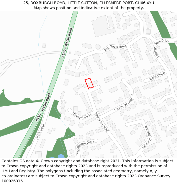 25, ROXBURGH ROAD, LITTLE SUTTON, ELLESMERE PORT, CH66 4YU: Location map and indicative extent of plot