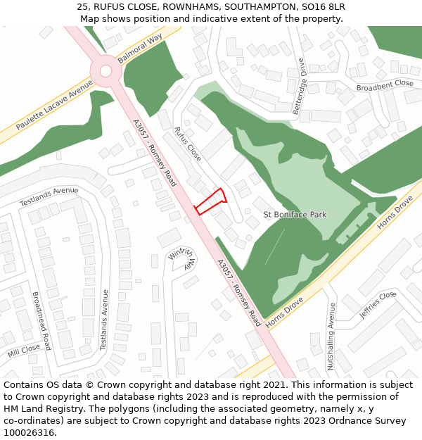 25, RUFUS CLOSE, ROWNHAMS, SOUTHAMPTON, SO16 8LR: Location map and indicative extent of plot