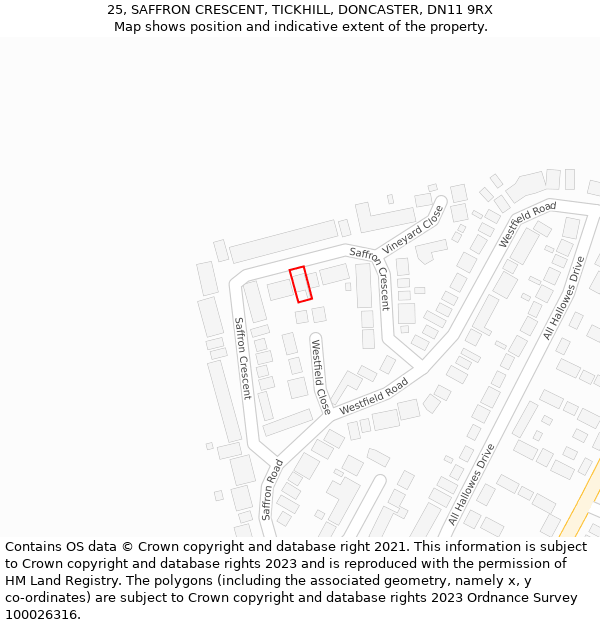 25, SAFFRON CRESCENT, TICKHILL, DONCASTER, DN11 9RX: Location map and indicative extent of plot