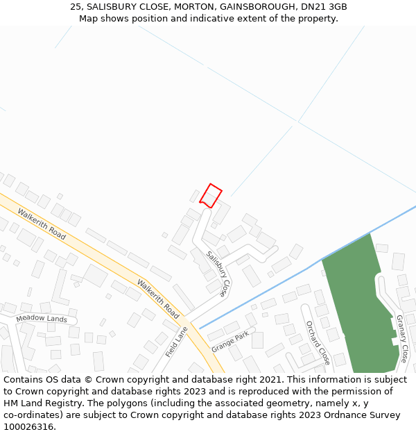 25, SALISBURY CLOSE, MORTON, GAINSBOROUGH, DN21 3GB: Location map and indicative extent of plot