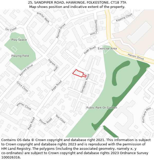 25, SANDPIPER ROAD, HAWKINGE, FOLKESTONE, CT18 7TA: Location map and indicative extent of plot