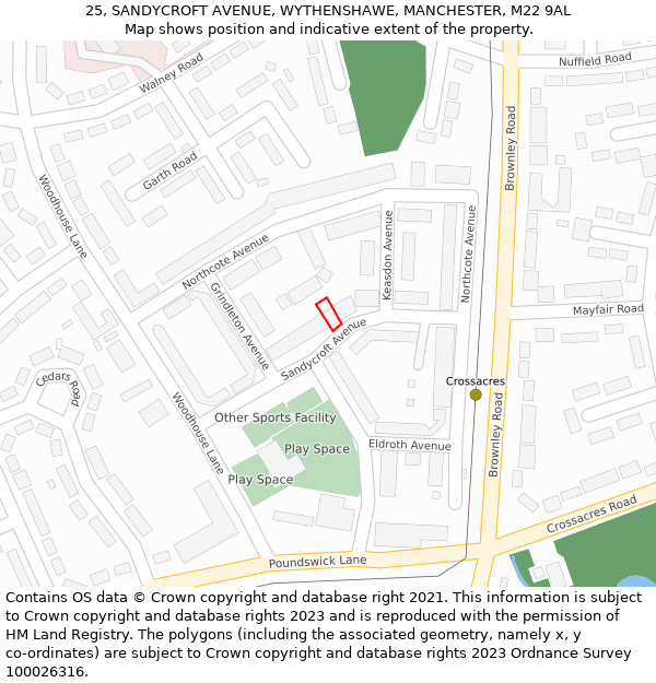 25, SANDYCROFT AVENUE, WYTHENSHAWE, MANCHESTER, M22 9AL: Location map and indicative extent of plot