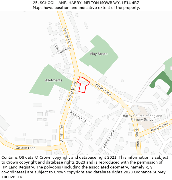 25, SCHOOL LANE, HARBY, MELTON MOWBRAY, LE14 4BZ: Location map and indicative extent of plot