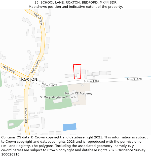 25, SCHOOL LANE, ROXTON, BEDFORD, MK44 3DR: Location map and indicative extent of plot