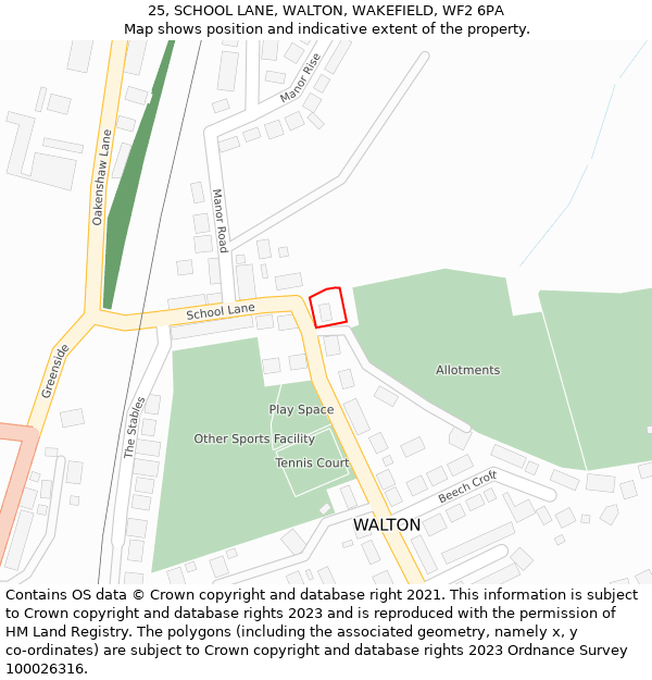 25, SCHOOL LANE, WALTON, WAKEFIELD, WF2 6PA: Location map and indicative extent of plot