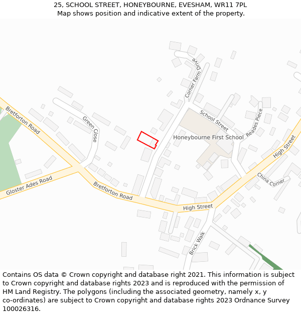 25, SCHOOL STREET, HONEYBOURNE, EVESHAM, WR11 7PL: Location map and indicative extent of plot
