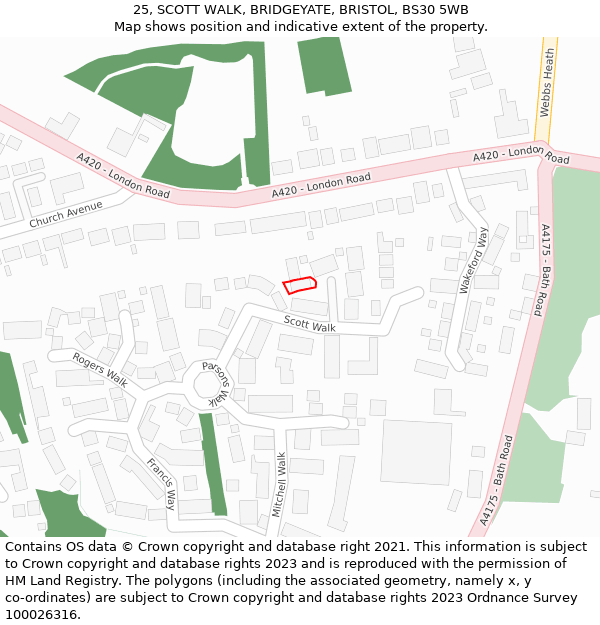 25, SCOTT WALK, BRIDGEYATE, BRISTOL, BS30 5WB: Location map and indicative extent of plot