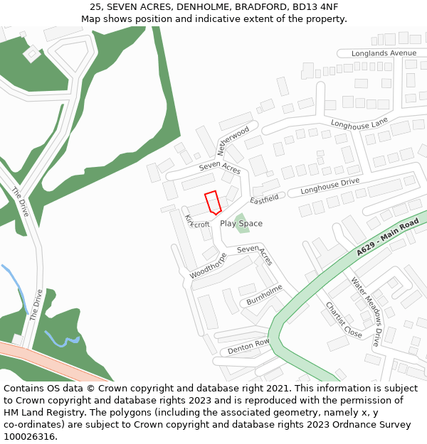 25, SEVEN ACRES, DENHOLME, BRADFORD, BD13 4NF: Location map and indicative extent of plot