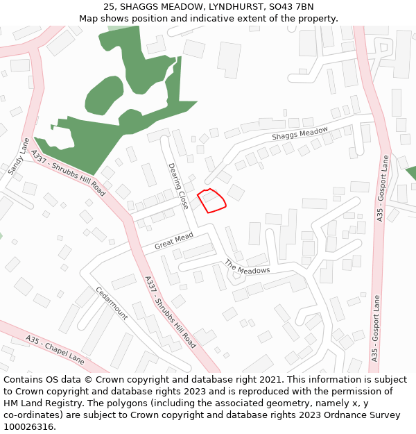 25, SHAGGS MEADOW, LYNDHURST, SO43 7BN: Location map and indicative extent of plot