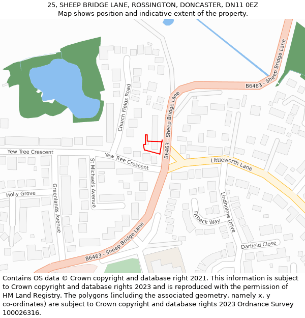 25, SHEEP BRIDGE LANE, ROSSINGTON, DONCASTER, DN11 0EZ: Location map and indicative extent of plot