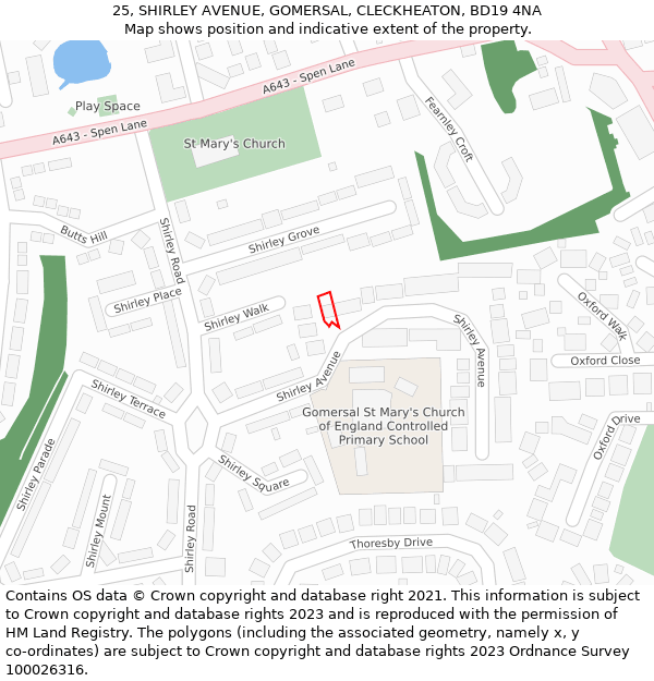 25, SHIRLEY AVENUE, GOMERSAL, CLECKHEATON, BD19 4NA: Location map and indicative extent of plot