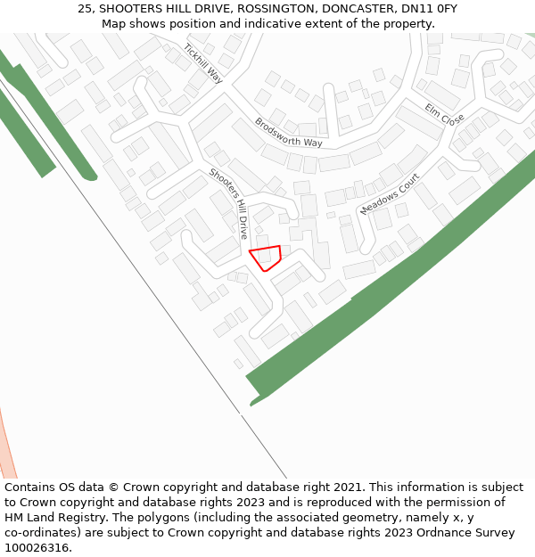 25, SHOOTERS HILL DRIVE, ROSSINGTON, DONCASTER, DN11 0FY: Location map and indicative extent of plot