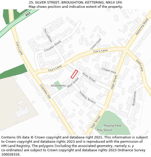 25, SILVER STREET, BROUGHTON, KETTERING, NN14 1PA: Location map and indicative extent of plot