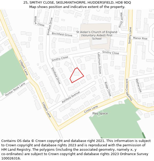 25, SMITHY CLOSE, SKELMANTHORPE, HUDDERSFIELD, HD8 9DQ: Location map and indicative extent of plot