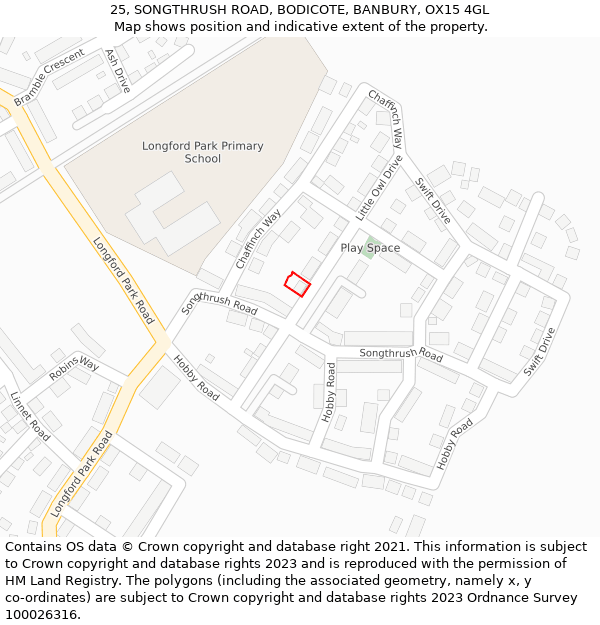 25, SONGTHRUSH ROAD, BODICOTE, BANBURY, OX15 4GL: Location map and indicative extent of plot