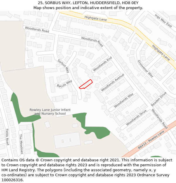 25, SORBUS WAY, LEPTON, HUDDERSFIELD, HD8 0EY: Location map and indicative extent of plot