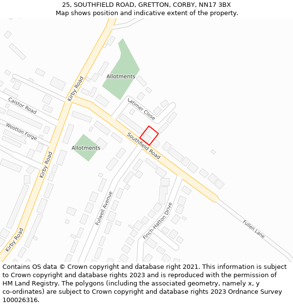 25, SOUTHFIELD ROAD, GRETTON, CORBY, NN17 3BX: Location map and indicative extent of plot