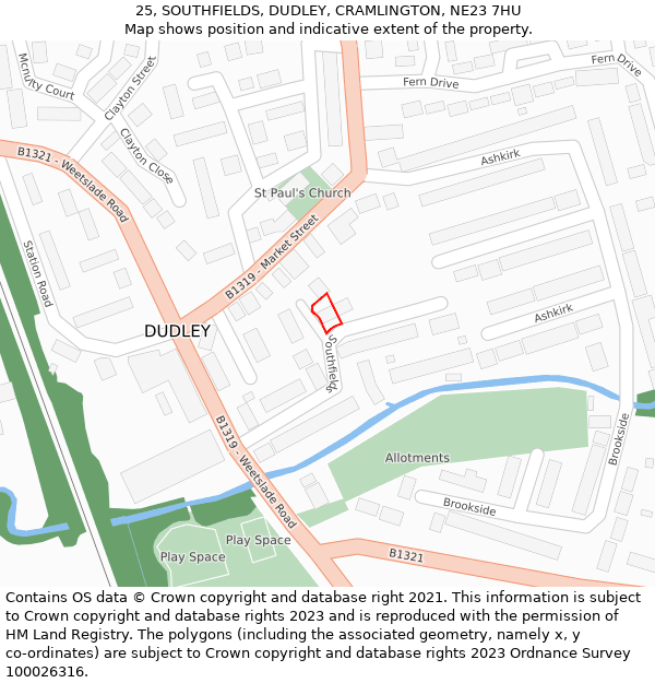 25, SOUTHFIELDS, DUDLEY, CRAMLINGTON, NE23 7HU: Location map and indicative extent of plot