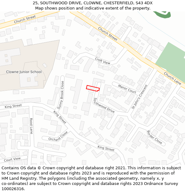 25, SOUTHWOOD DRIVE, CLOWNE, CHESTERFIELD, S43 4DX: Location map and indicative extent of plot