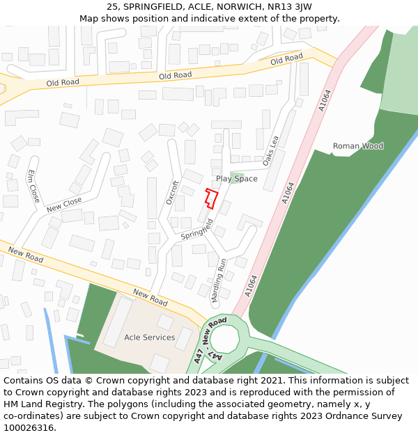 25, SPRINGFIELD, ACLE, NORWICH, NR13 3JW: Location map and indicative extent of plot