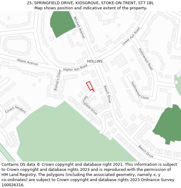 25, SPRINGFIELD DRIVE, KIDSGROVE, STOKE-ON-TRENT, ST7 1BL: Location map and indicative extent of plot