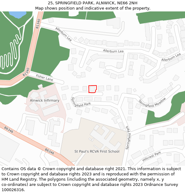 25, SPRINGFIELD PARK, ALNWICK, NE66 2NH: Location map and indicative extent of plot